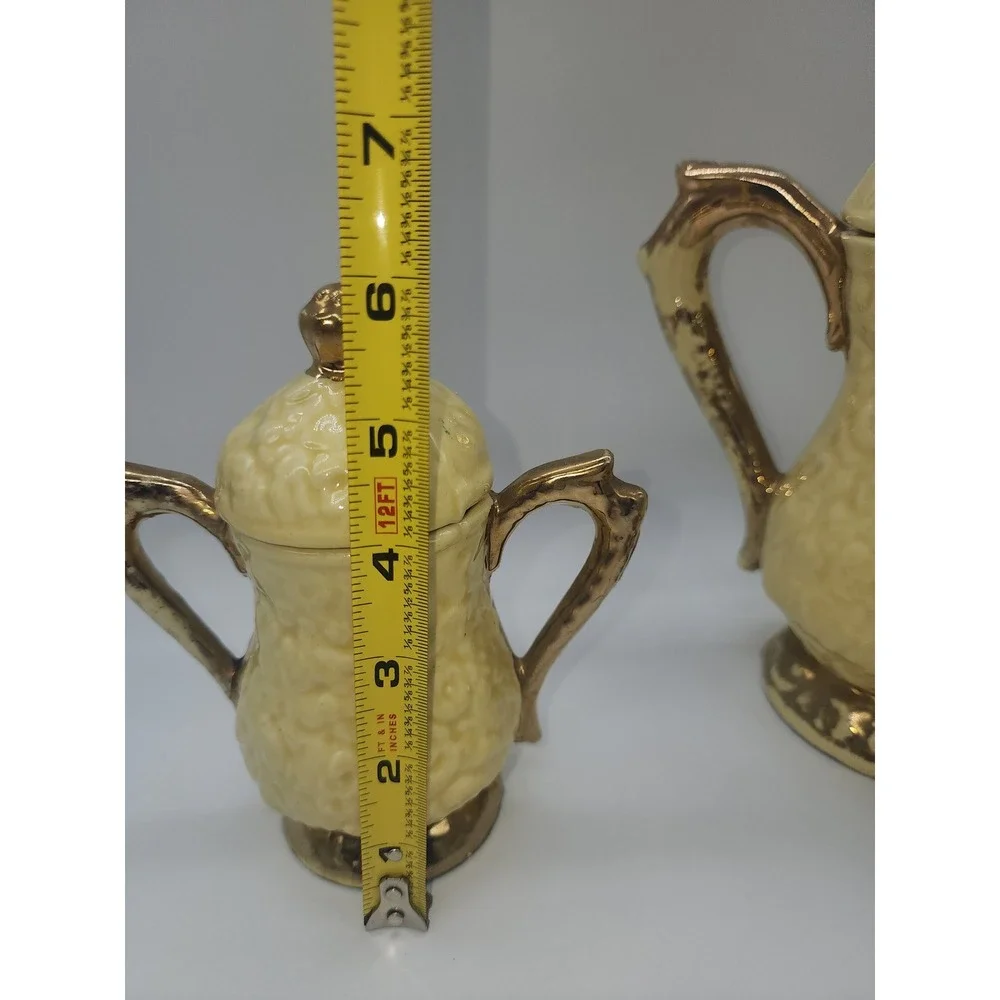 Vintage Yellow Ceramic Tea Set Embossed Floral Gold Trim Teapot Sugar Creamer